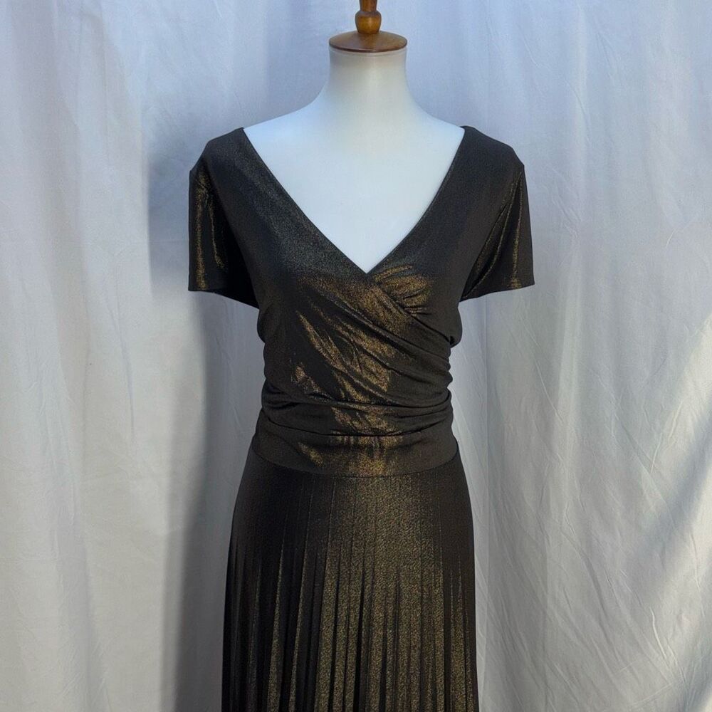 Long tall sally LTS metallic long maxi dress bronze pleat skirt goddess cocktail